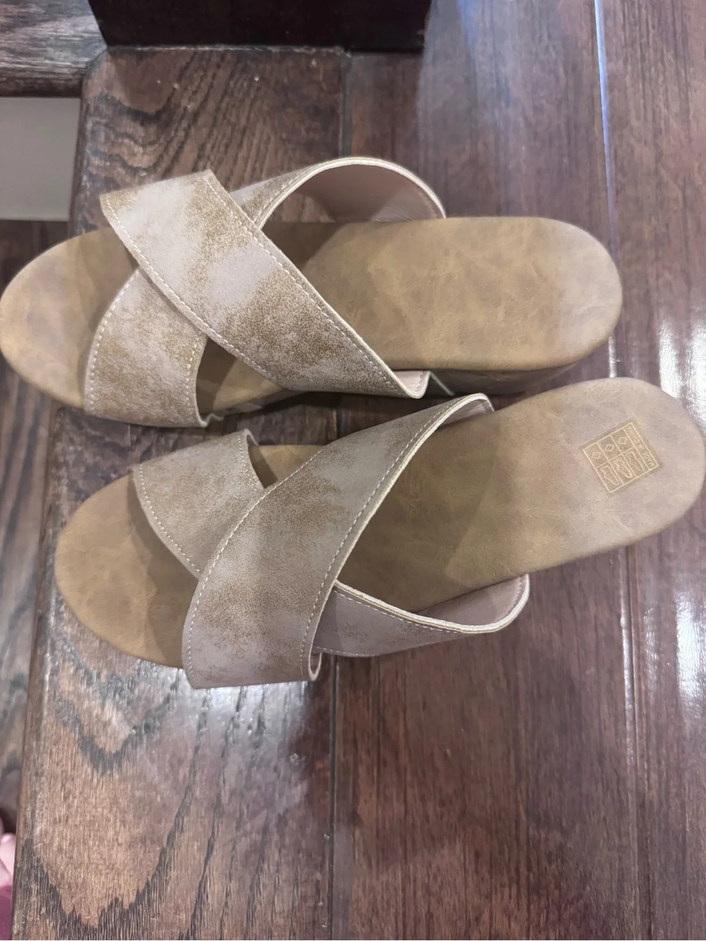 Neutral Cross-Strap Cork Wedge Sandals - Unknown Brand